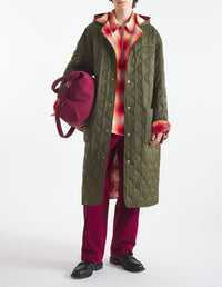 Quilted hooded coat with embroidery - Military Green
