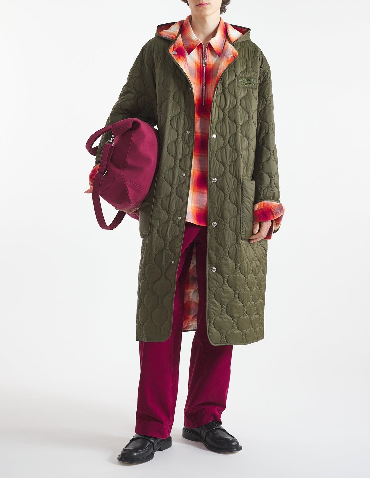 Quilted hooded coat with embroidery - Military Green
