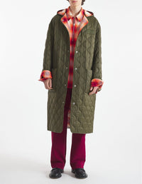 Quilted hooded coat with embroidery - Military Green