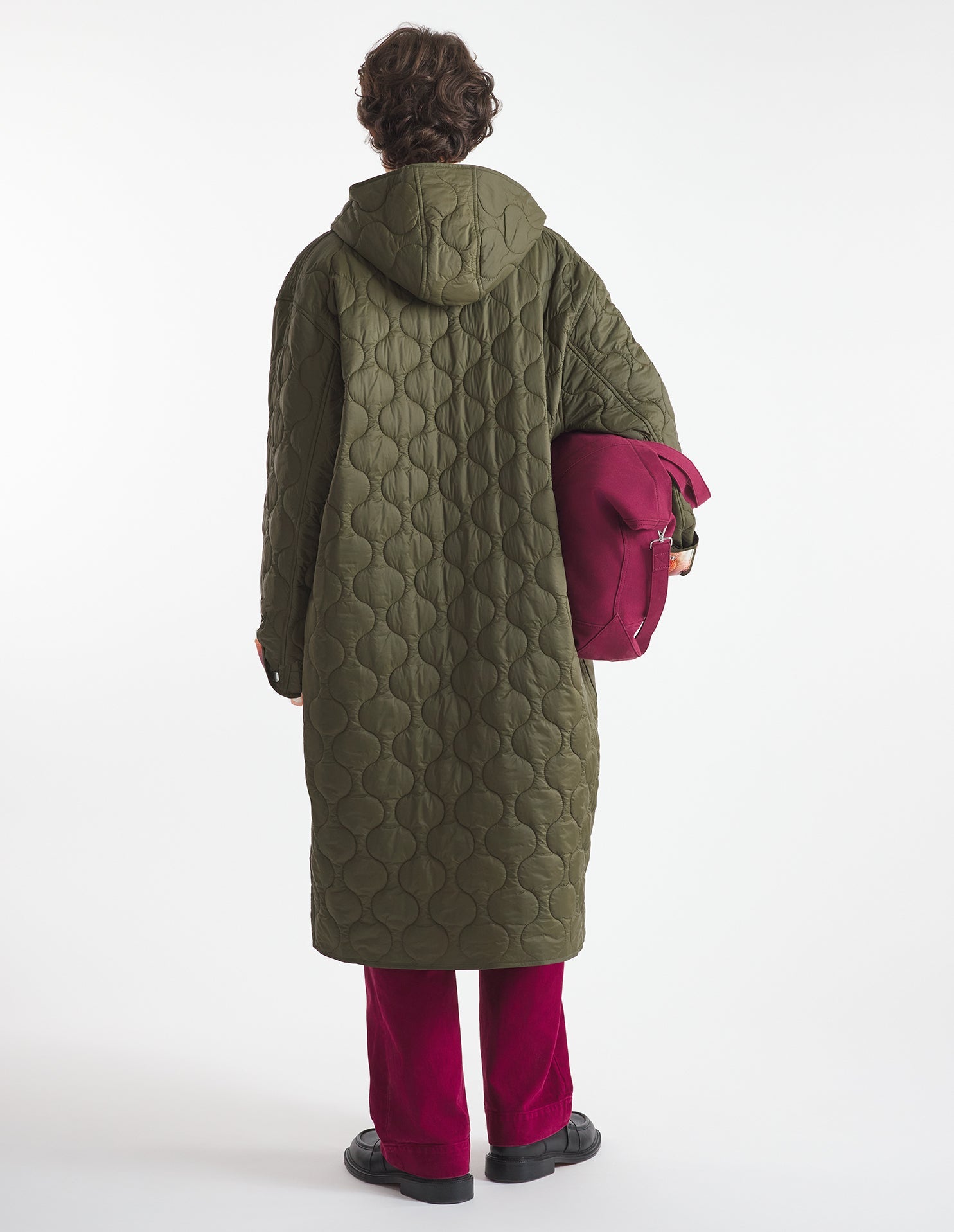 Quilted hooded coat with embroidery - Military Green