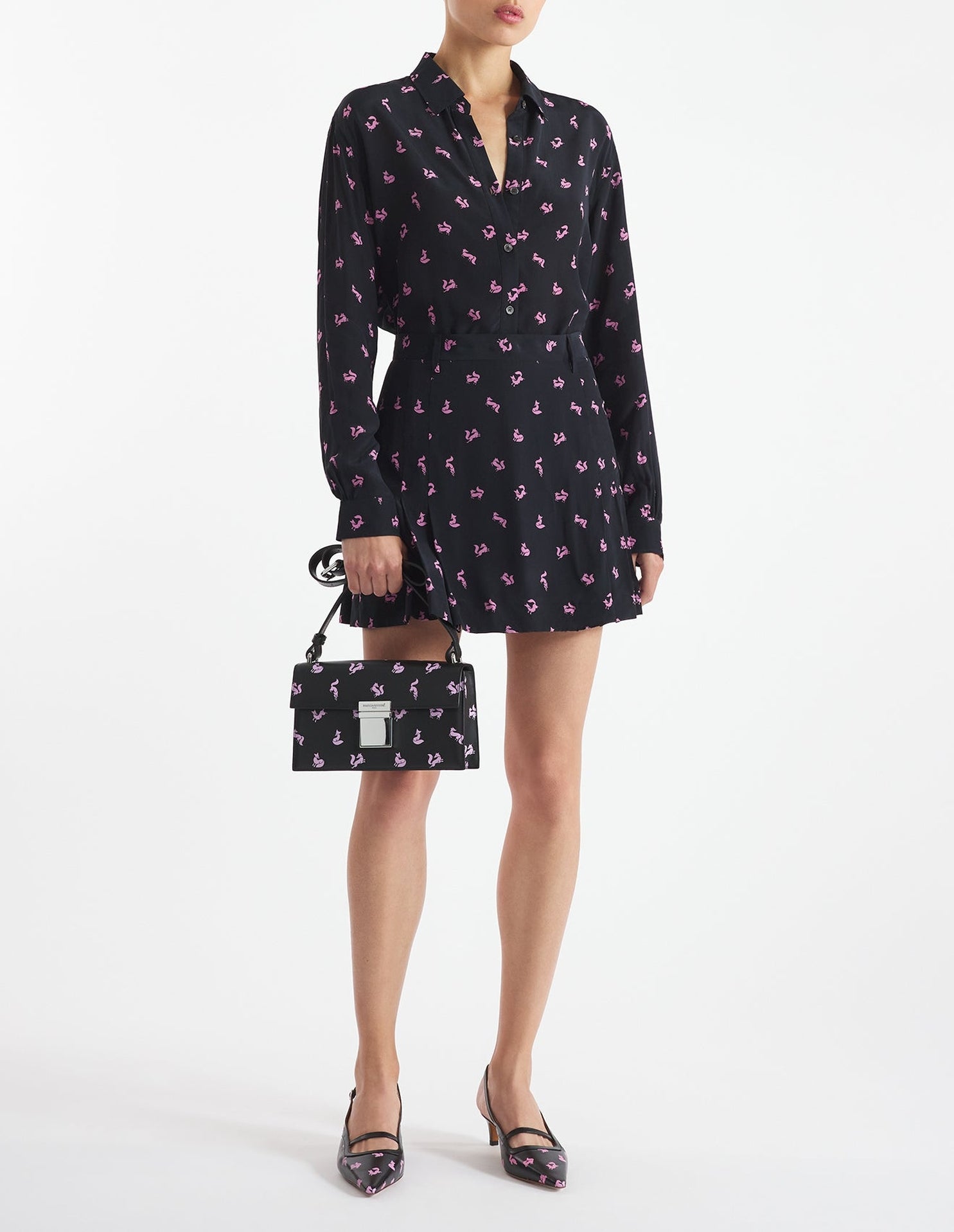 Preppy bag with printed leather shoulder strap - Black & Fae Pink