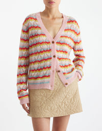 Cardigan ajouré et rayé en laine et cachemire - Rose & Strawberry