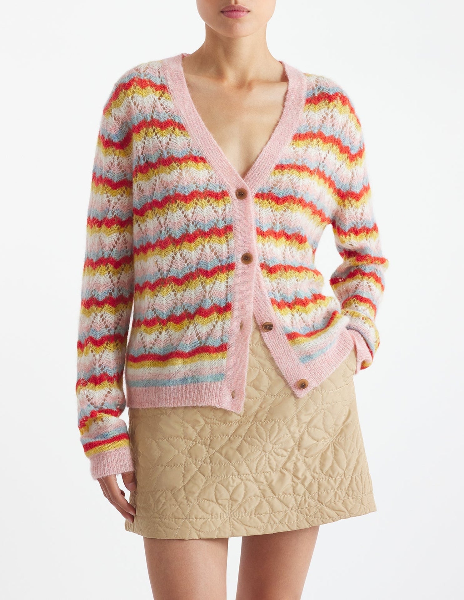 Cardigan ajouré et rayé en laine et cachemire - Rose & Strawberry