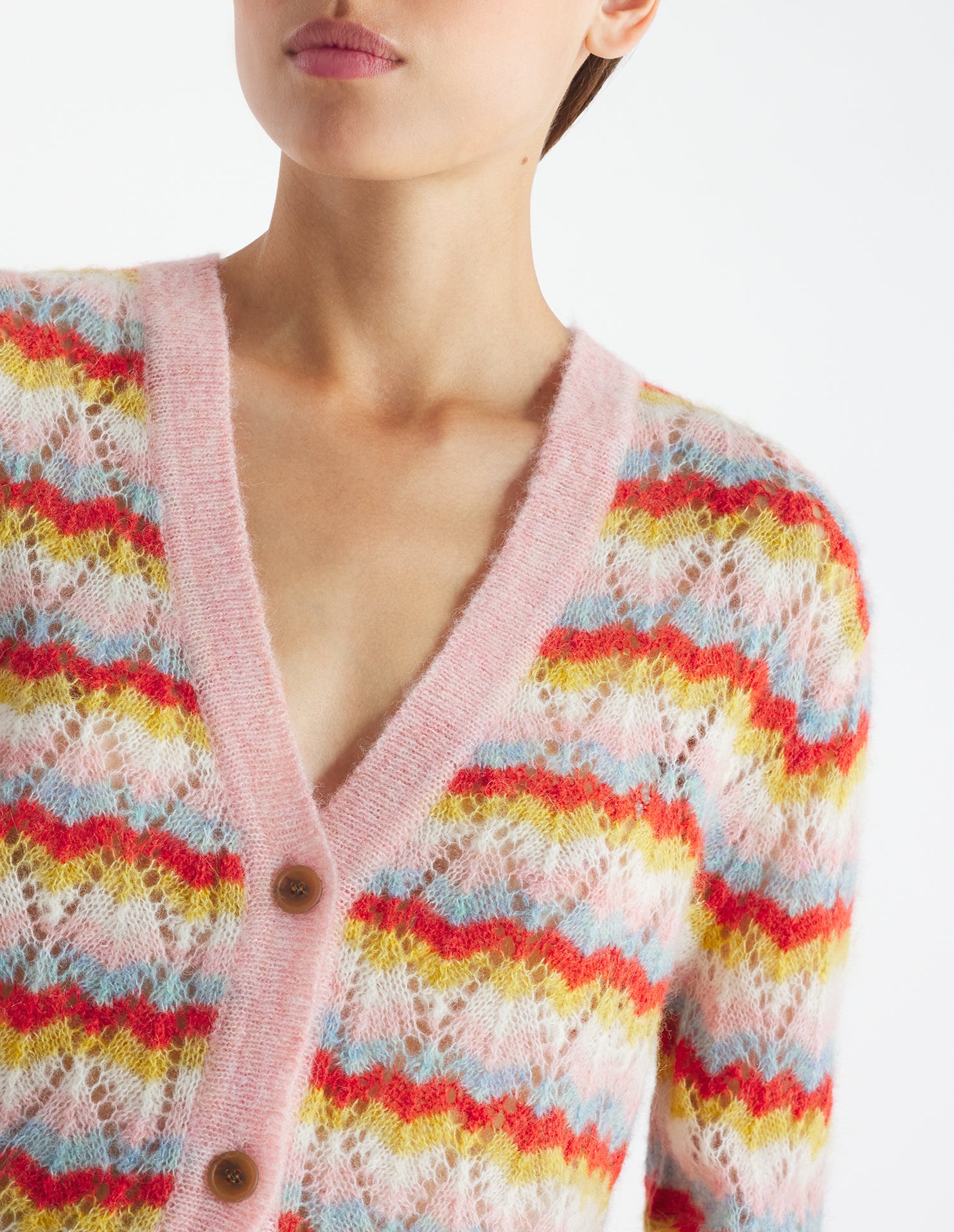 Cardigan ajouré et rayé en laine et cachemire - Rose & Strawberry