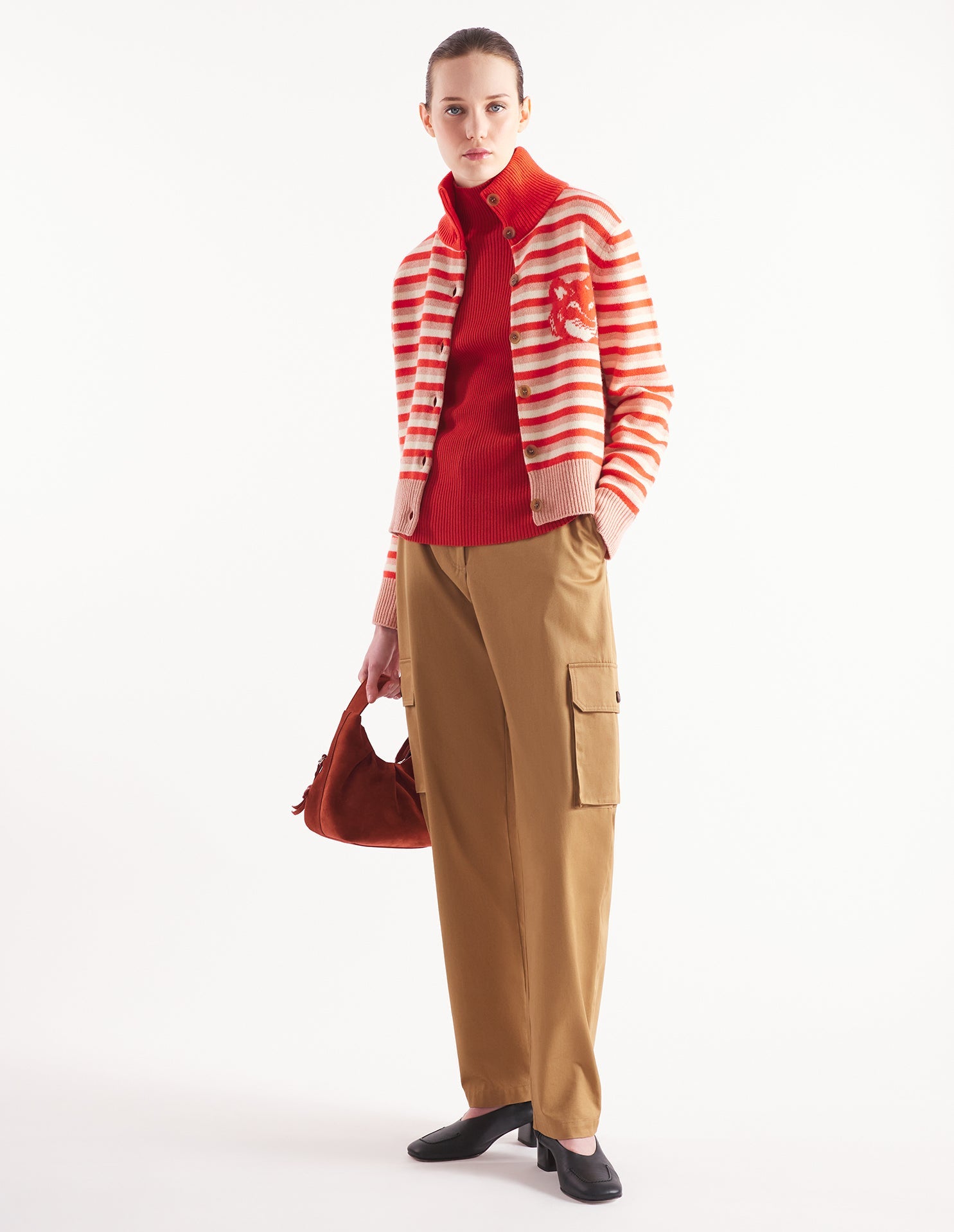 Fox Head Intarsia Striped High Neck Cardigan - Strawberry/White