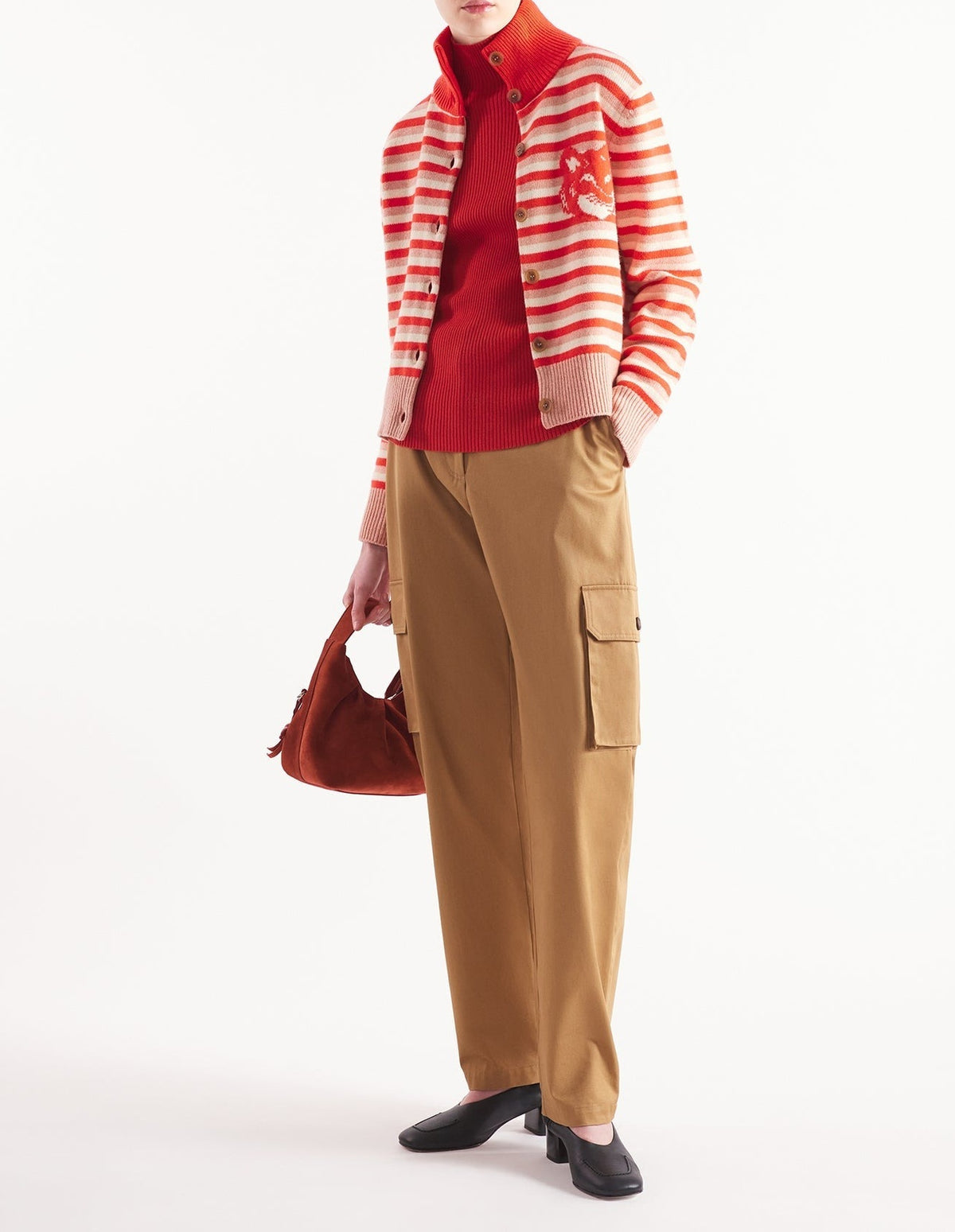 Cardigan à col montant Fox Head en laine - Strawberry & White