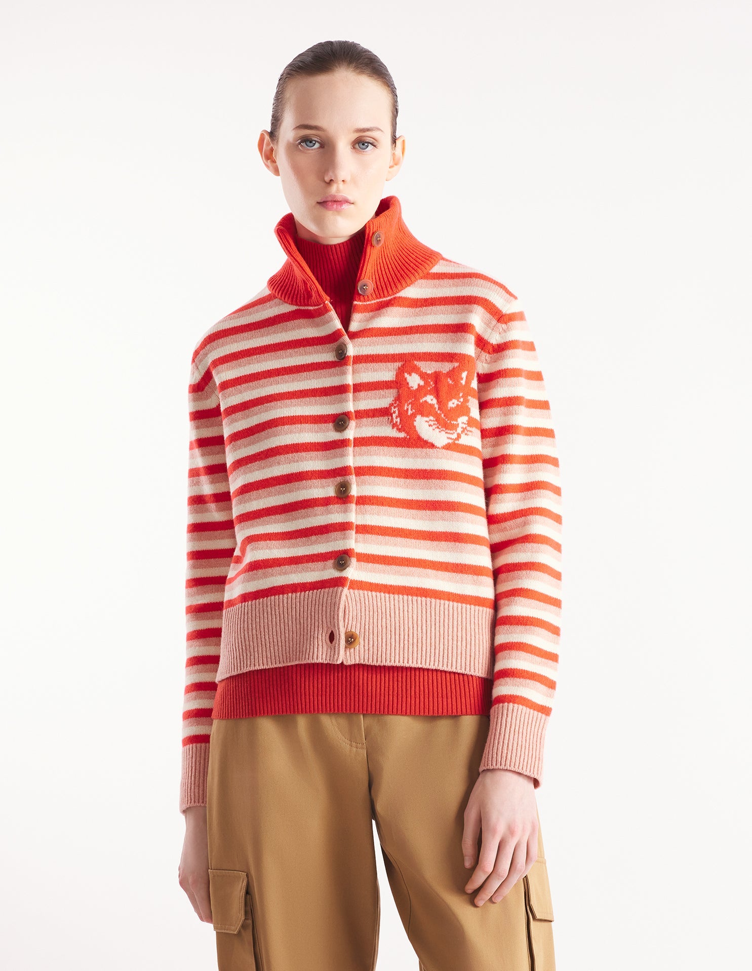 Fox Head Intarsia Striped High Neck Cardigan - Strawberry/White