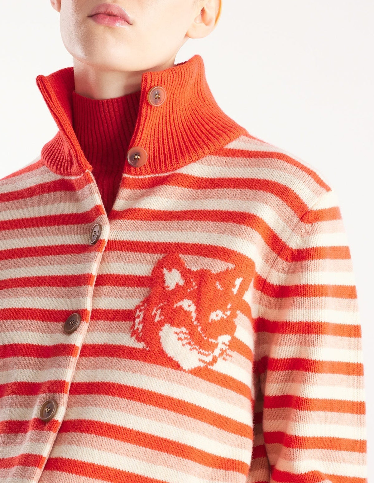 Cardigan à col montant Fox Head en laine - Strawberry & White