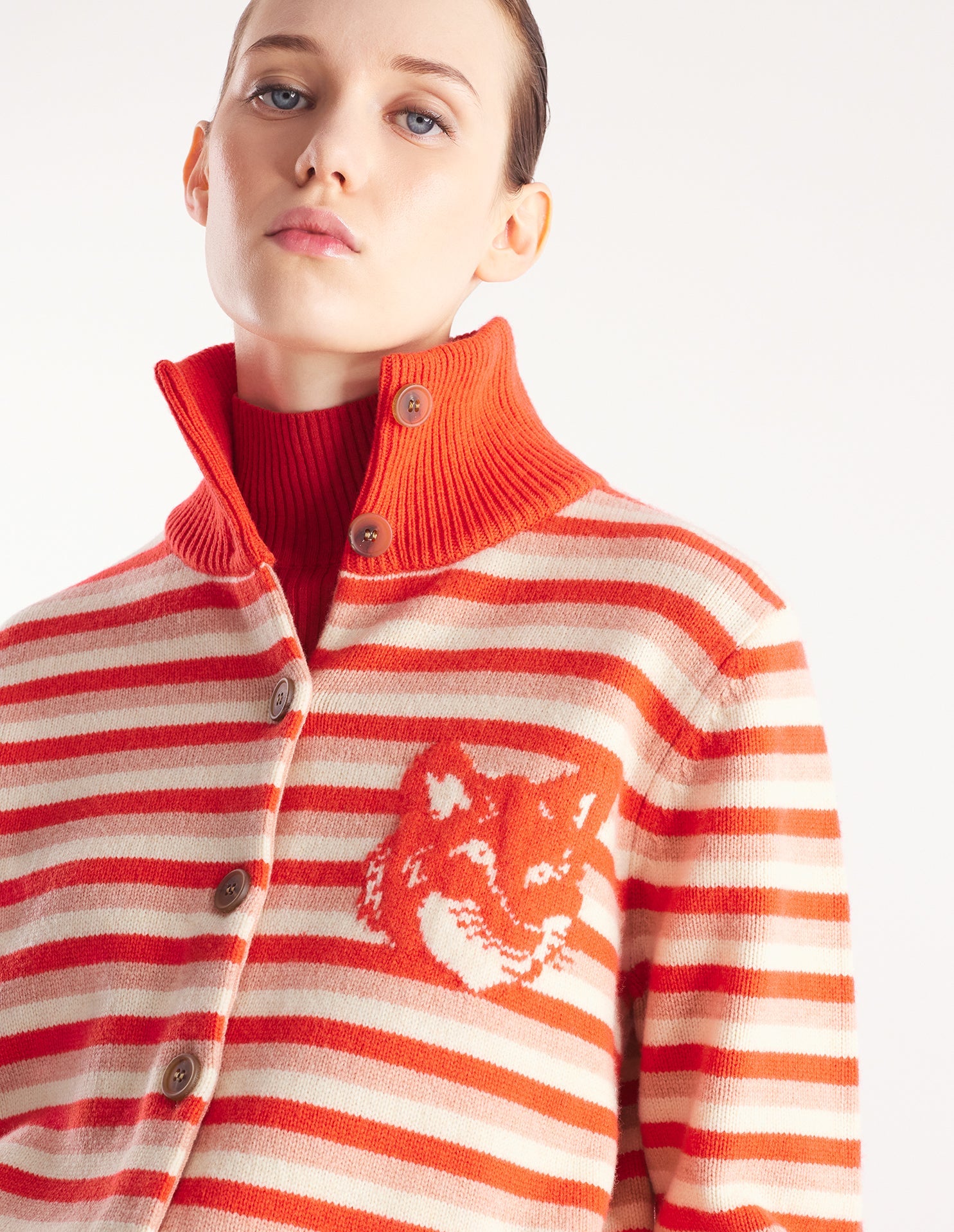 Fox Head Intarsia Striped High Neck Cardigan - Strawberry/White