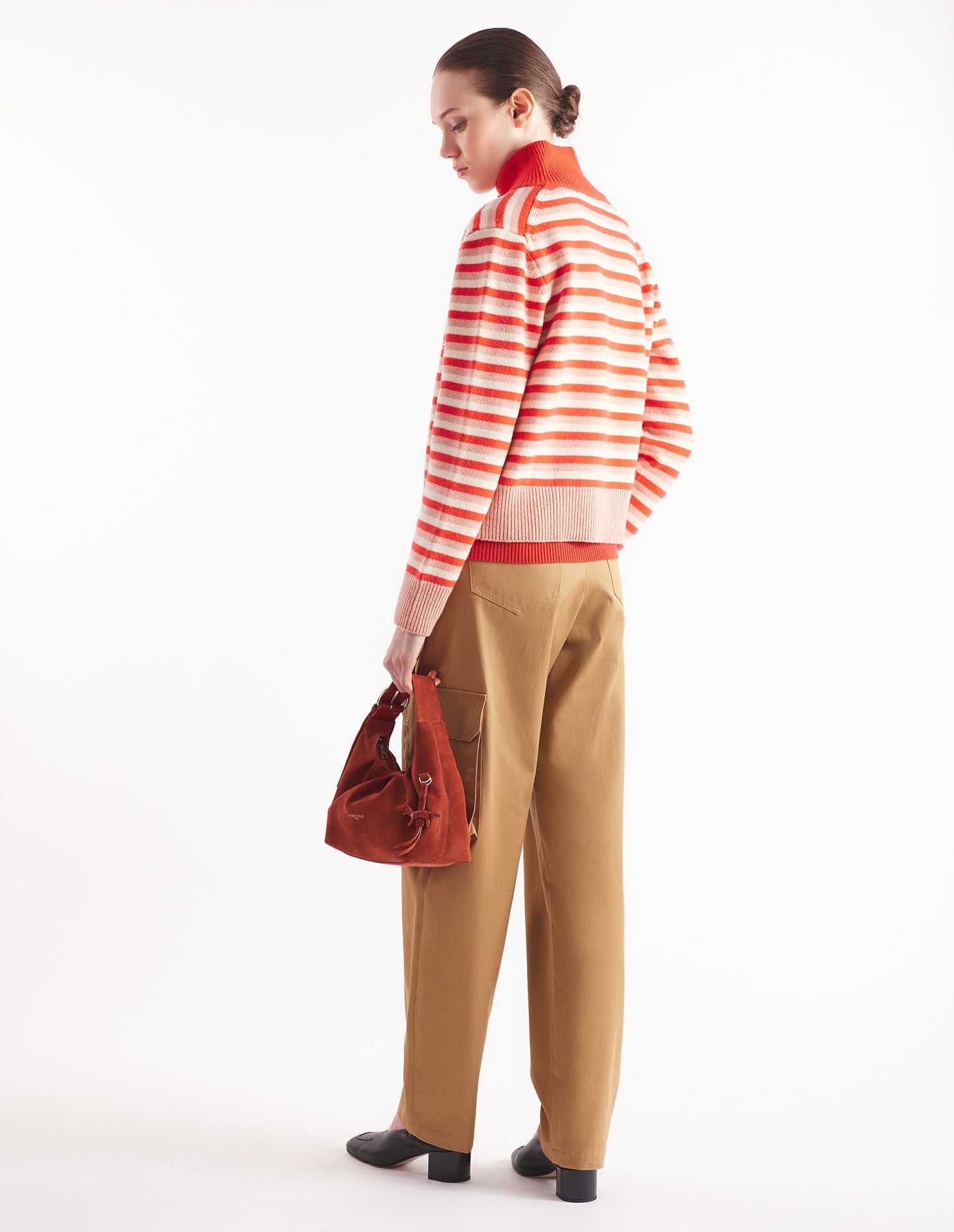 Fox Head Intarsia Striped High Neck Cardigan - Strawberry/White