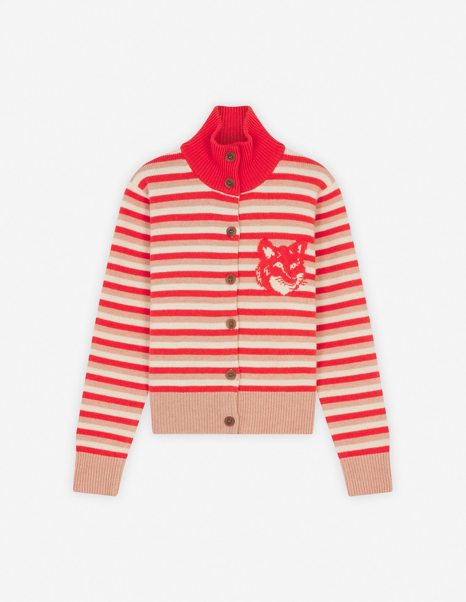 Fox Head Intarsia Striped High Neck Cardigan - Strawberry/White