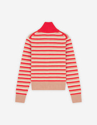Fox Head Intarsia Striped High Neck Cardigan - Strawberry/White