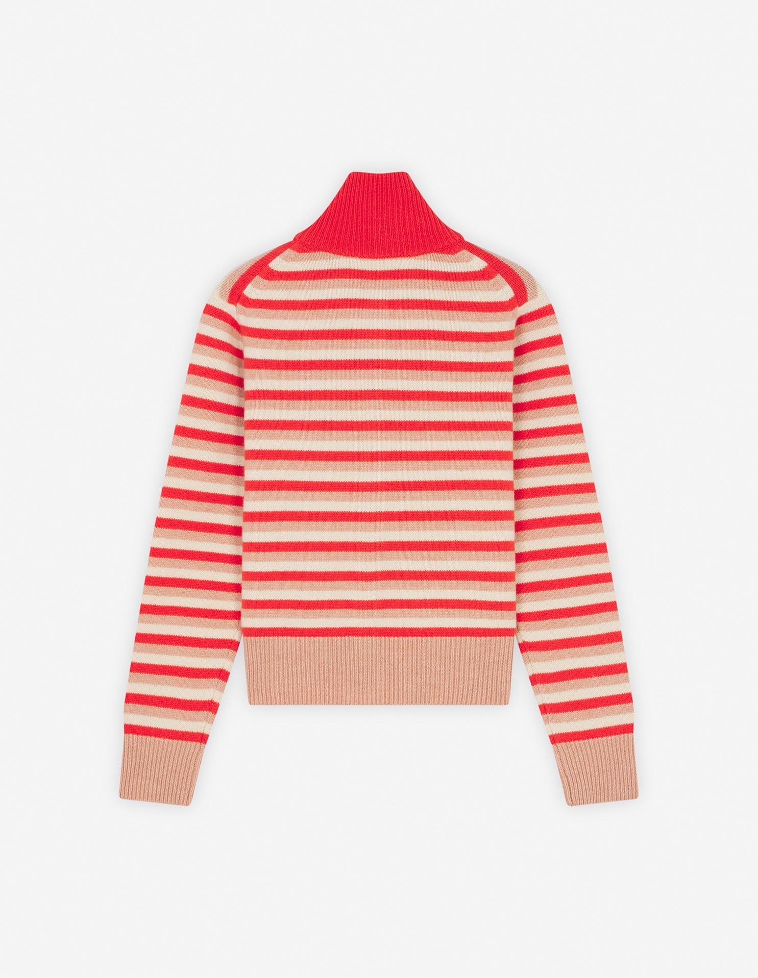 Fox Head Intarsia Striped High Neck Cardigan - Strawberry/White