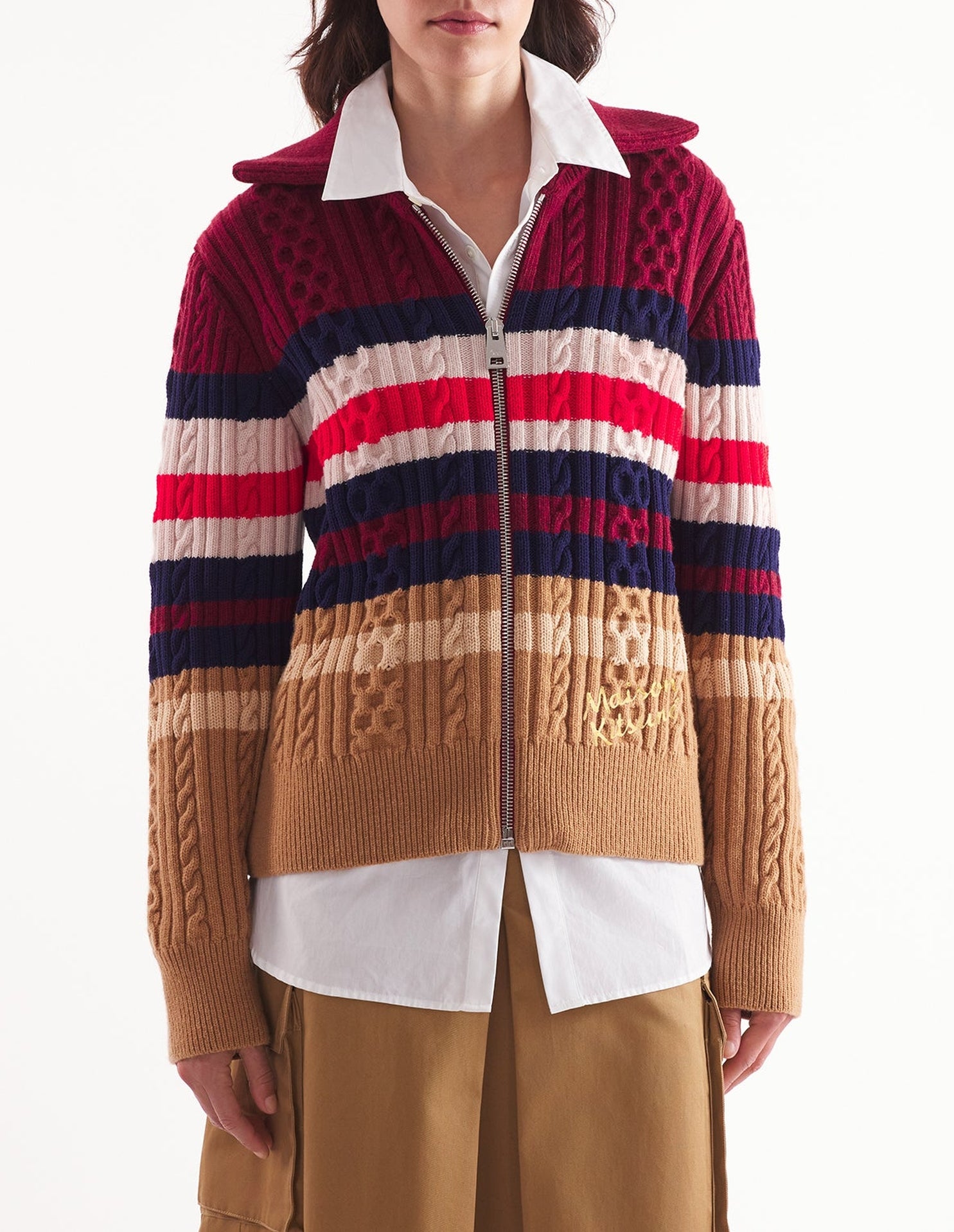 Cardigan zippé et rayé avec broderie en laine - Cherry & Chamomile