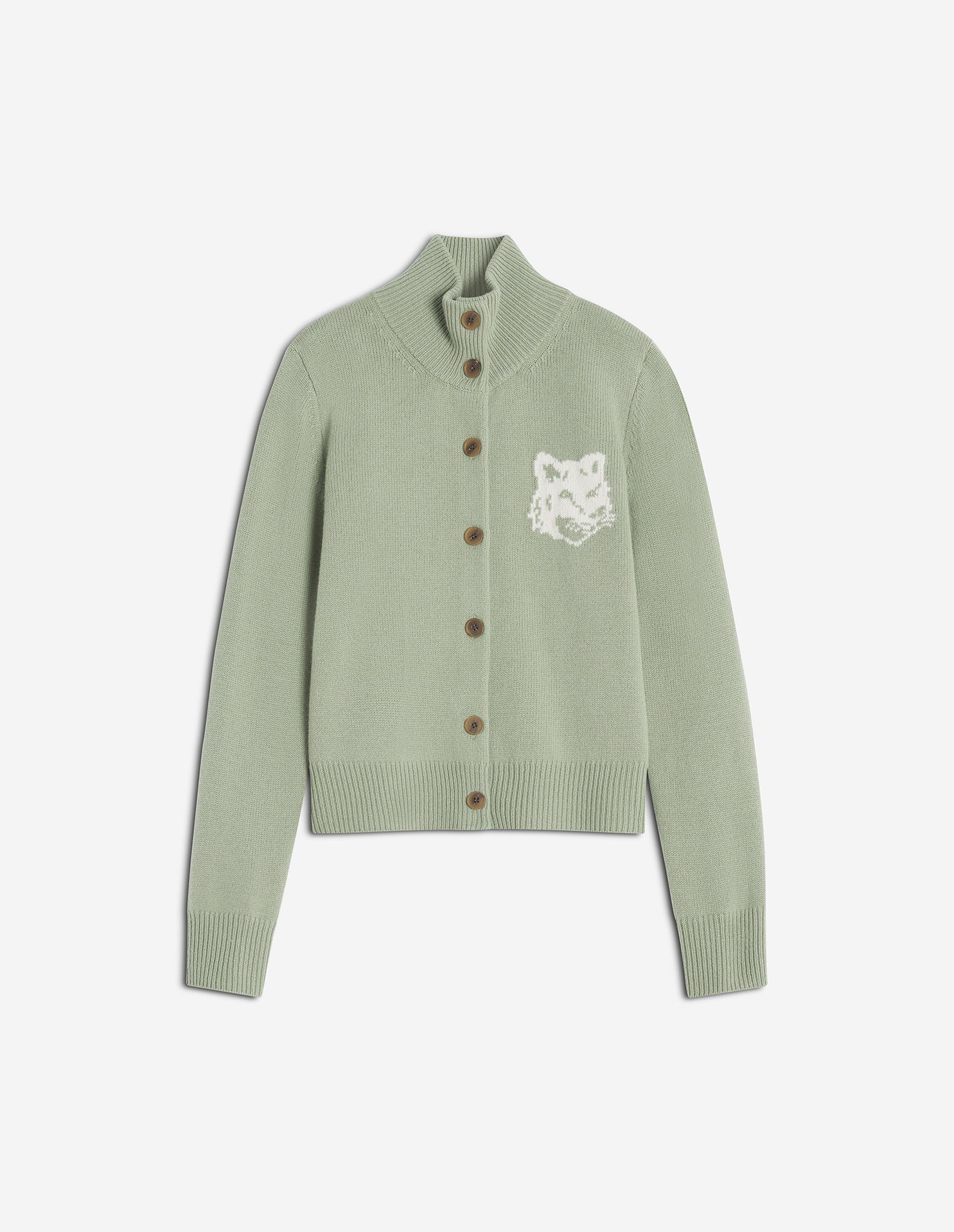 Fox Head Intarsia Merino High Neck Cardigan - Sea Foam/Solitary Star