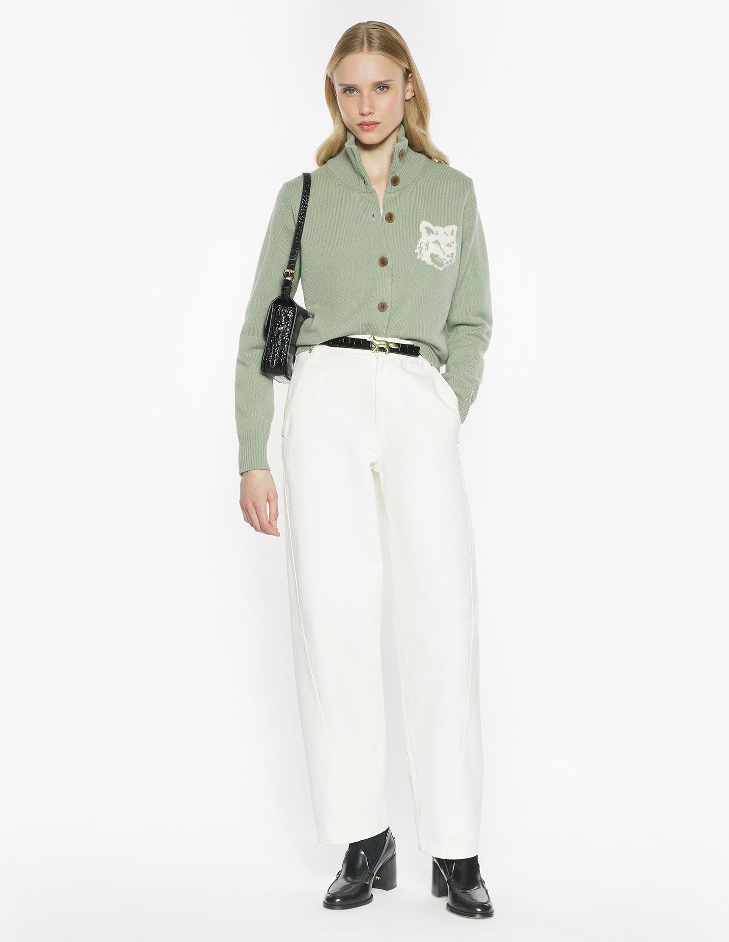 Fox Head Intarsia Merino High Neck Cardigan - Sea Foam/Solitary Star