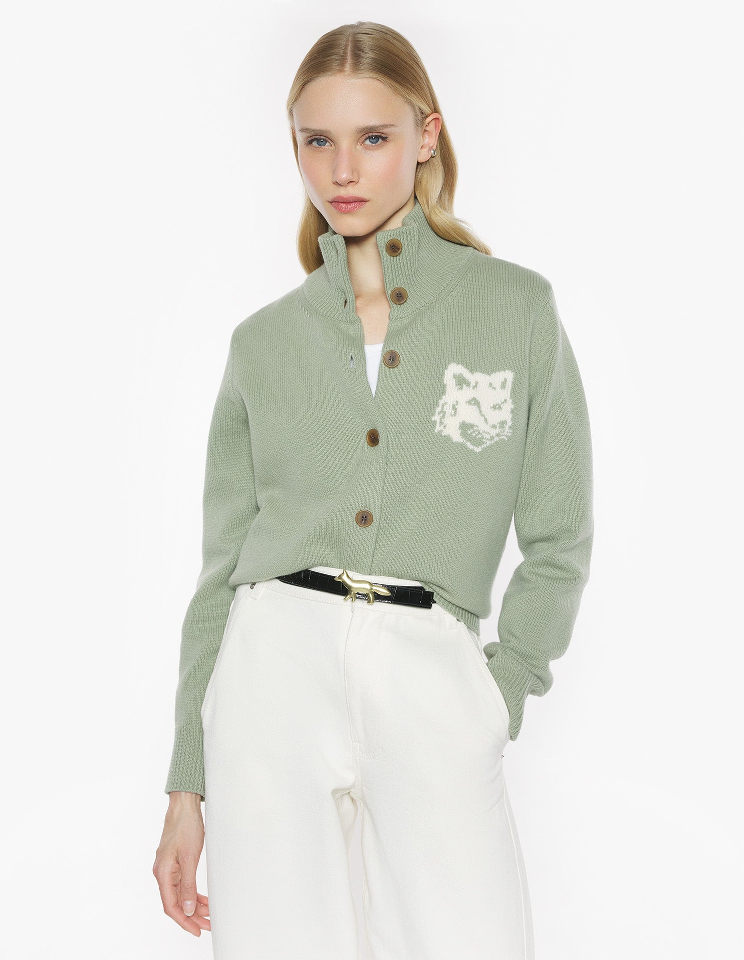 Fox Head Intarsia Merino High Neck Cardigan - Sea Foam/Solitary Star