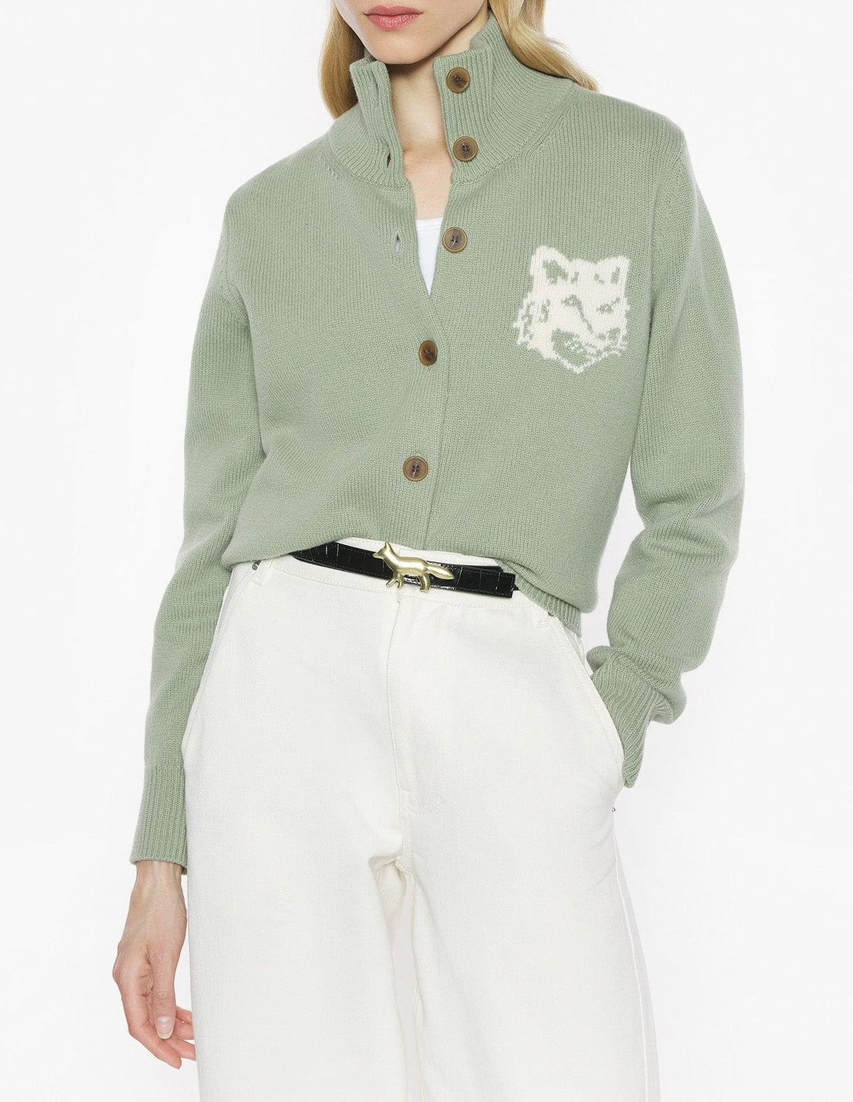 Cardigan à col montant Fox Head en laine - Sea Foam & Solitary Star