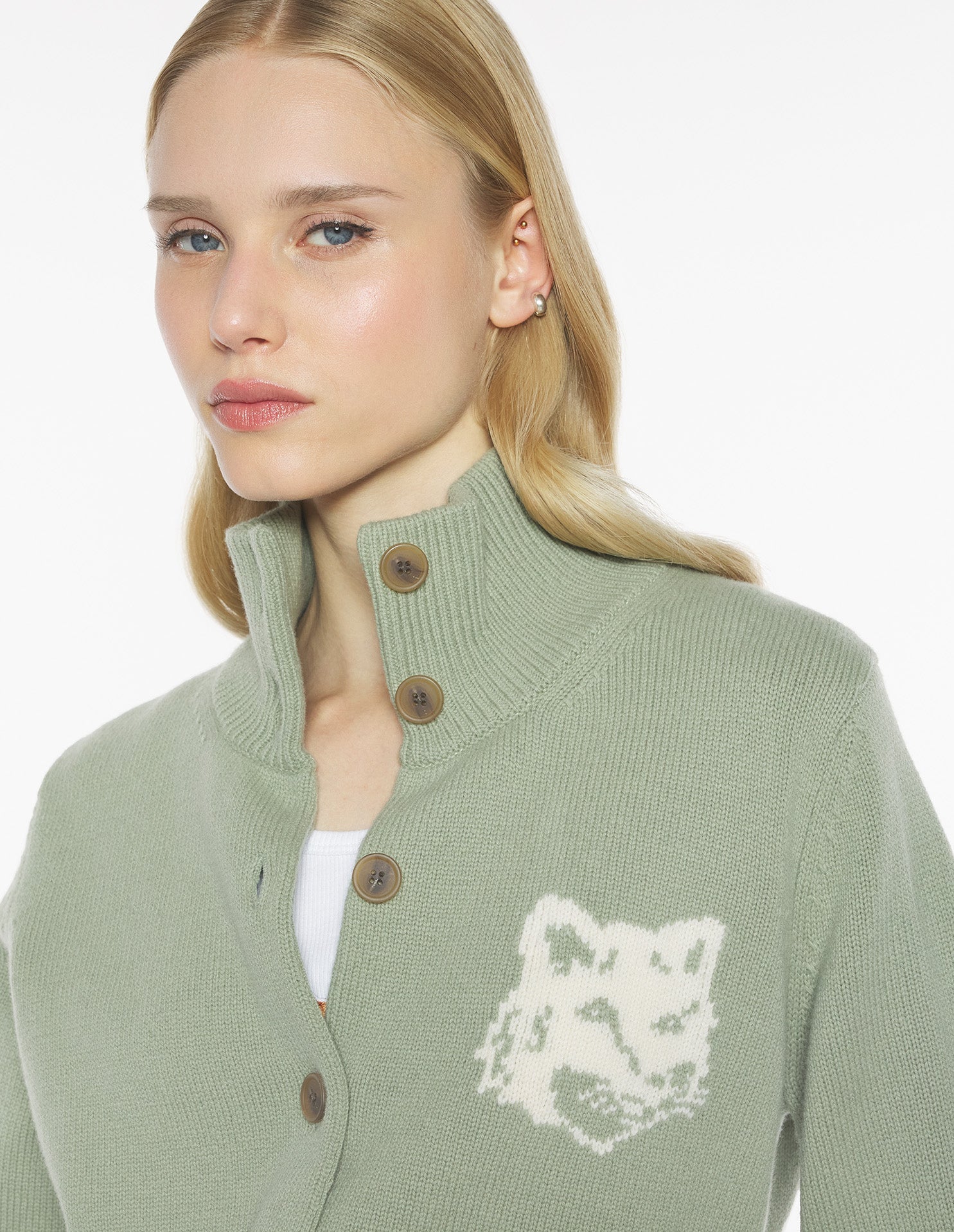 Fox Head Intarsia Merino High Neck Cardigan - Sea Foam/Solitary Star