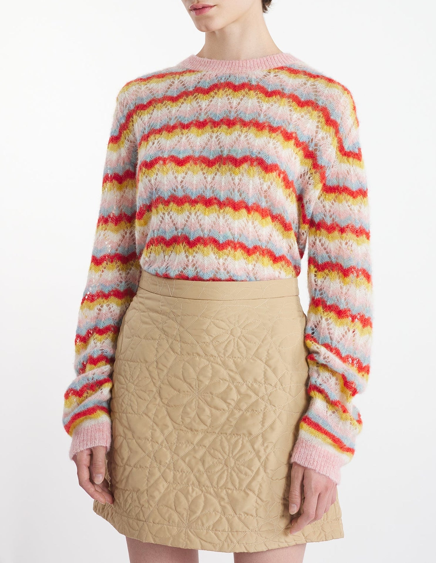 Pull zippé ajouré et rayé en laine et cachemire - Rose & Strawberry
