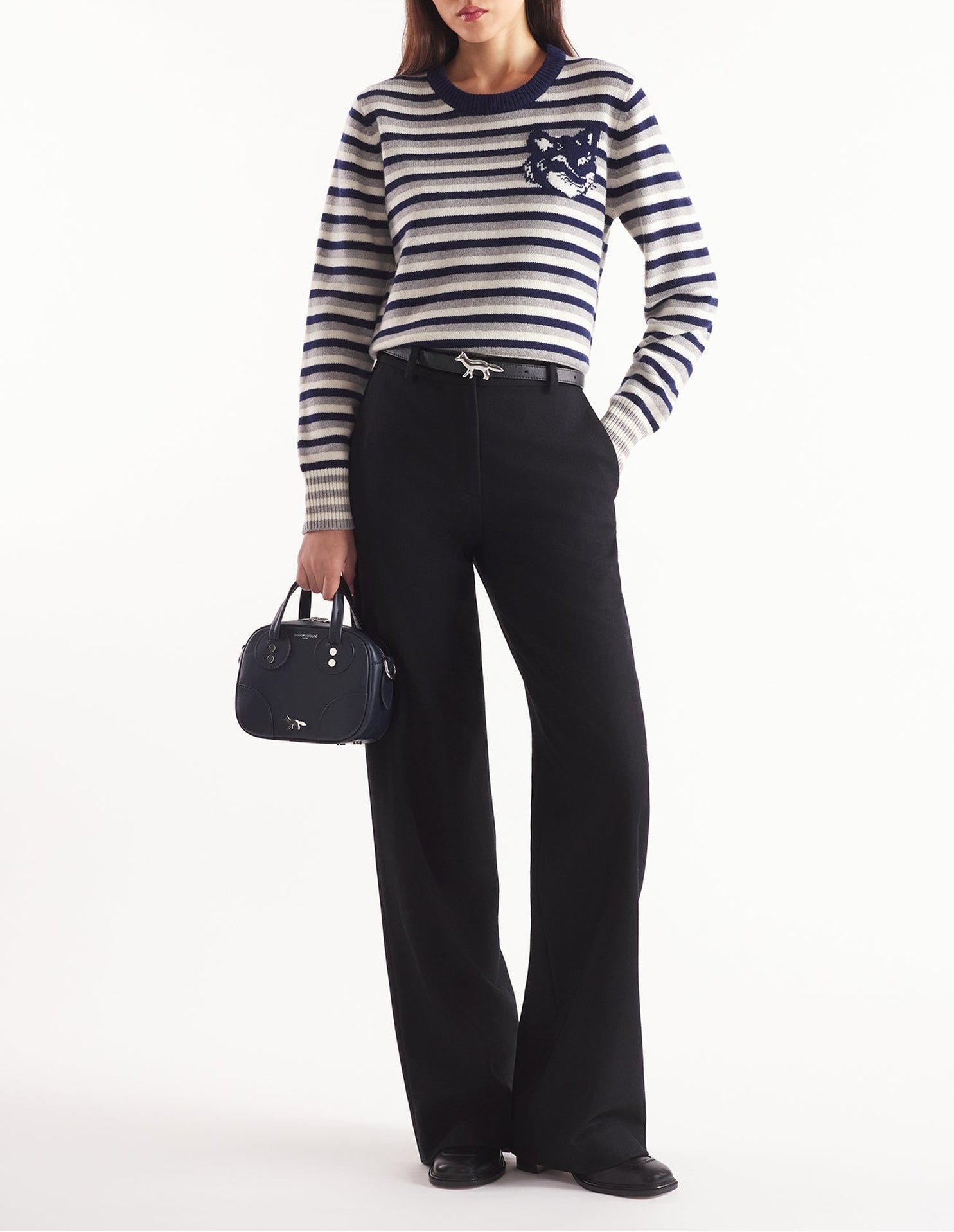 Pull rayé à manches longues en laine - Navy & White