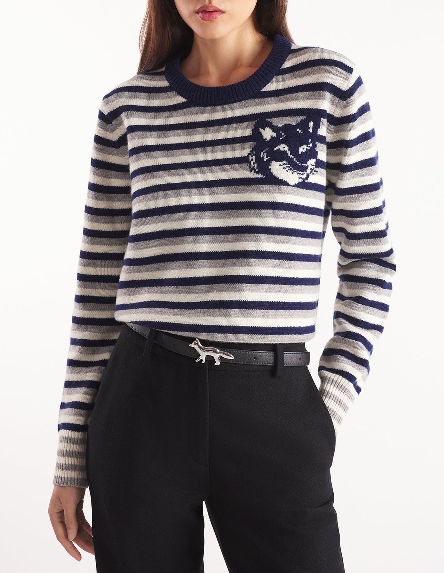 Pull rayé à manches longues en laine - Navy & White