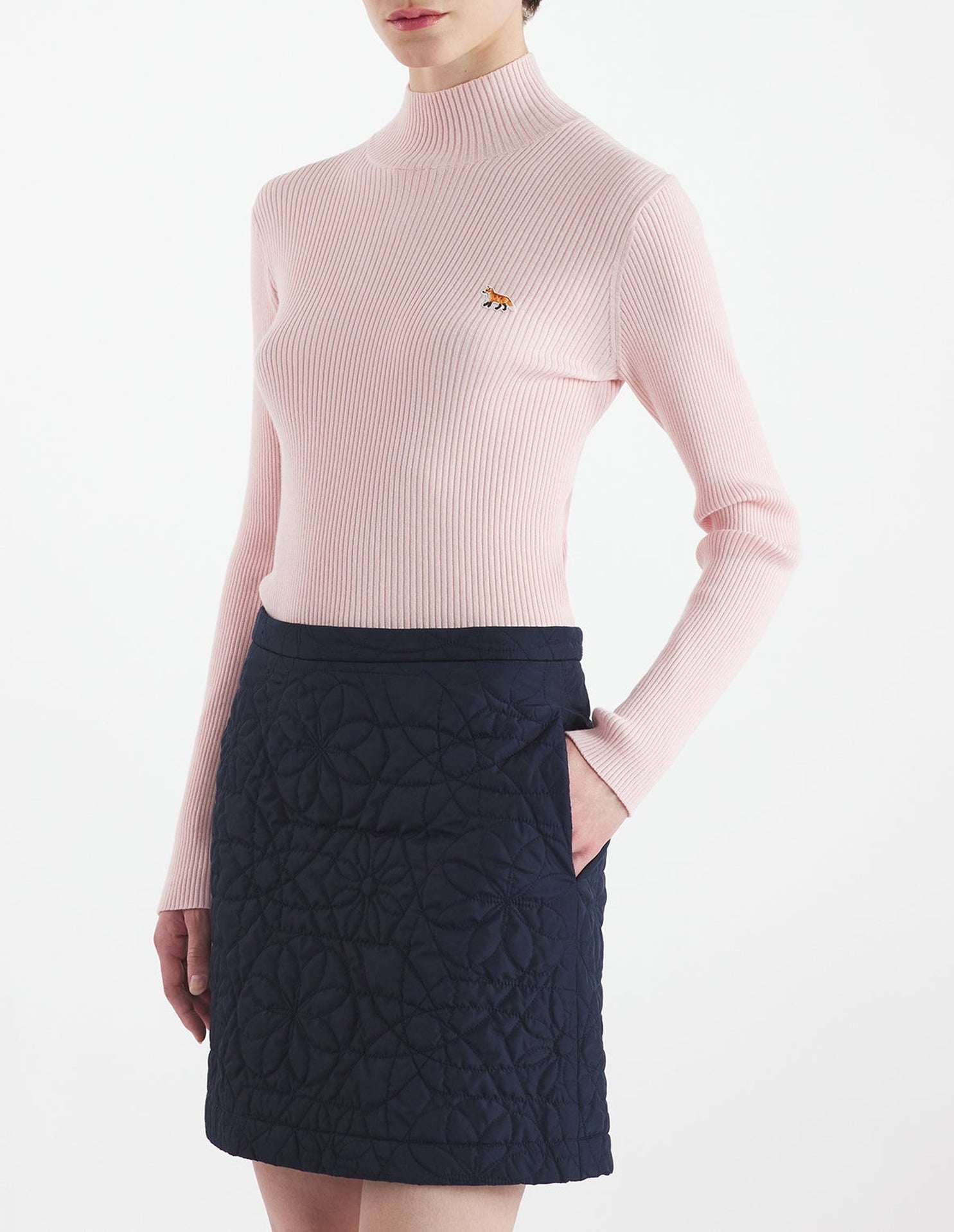 Pull Baby Fox côtelée à col montant en laine - Pale Pink