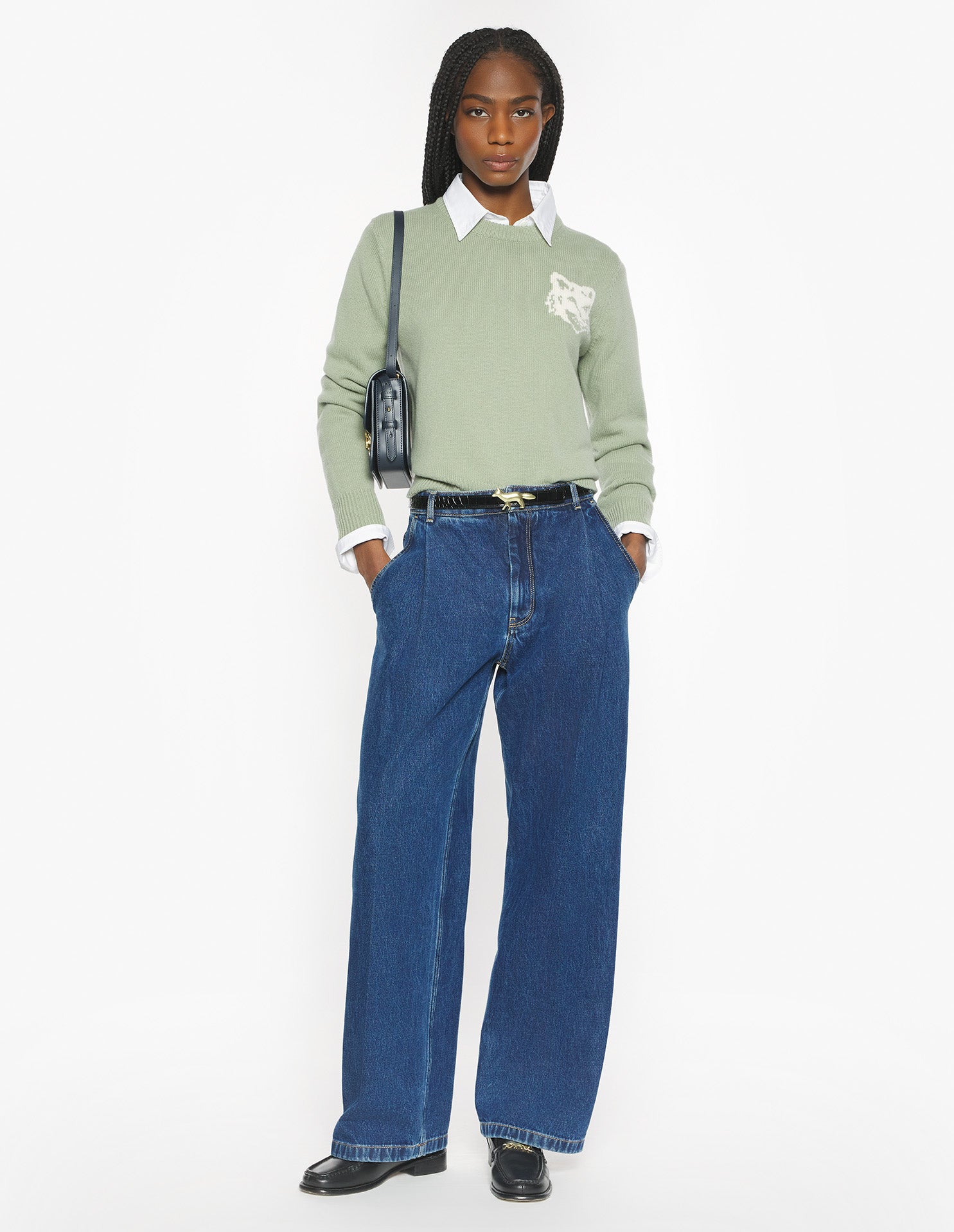 Fox Head Intarsia Merino Jumper - Sea Foam/Solitary Star