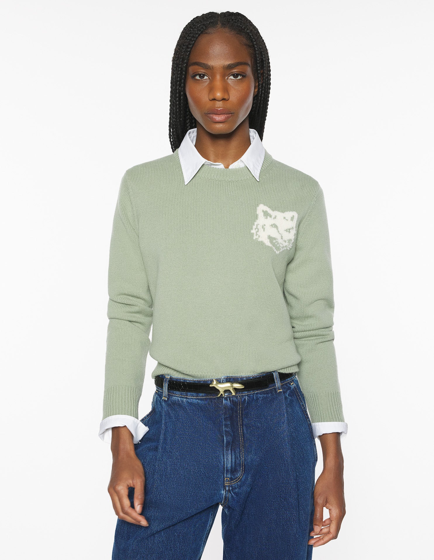 Fox Head Intarsia Merino Jumper - Sea Foam/Solitary Star