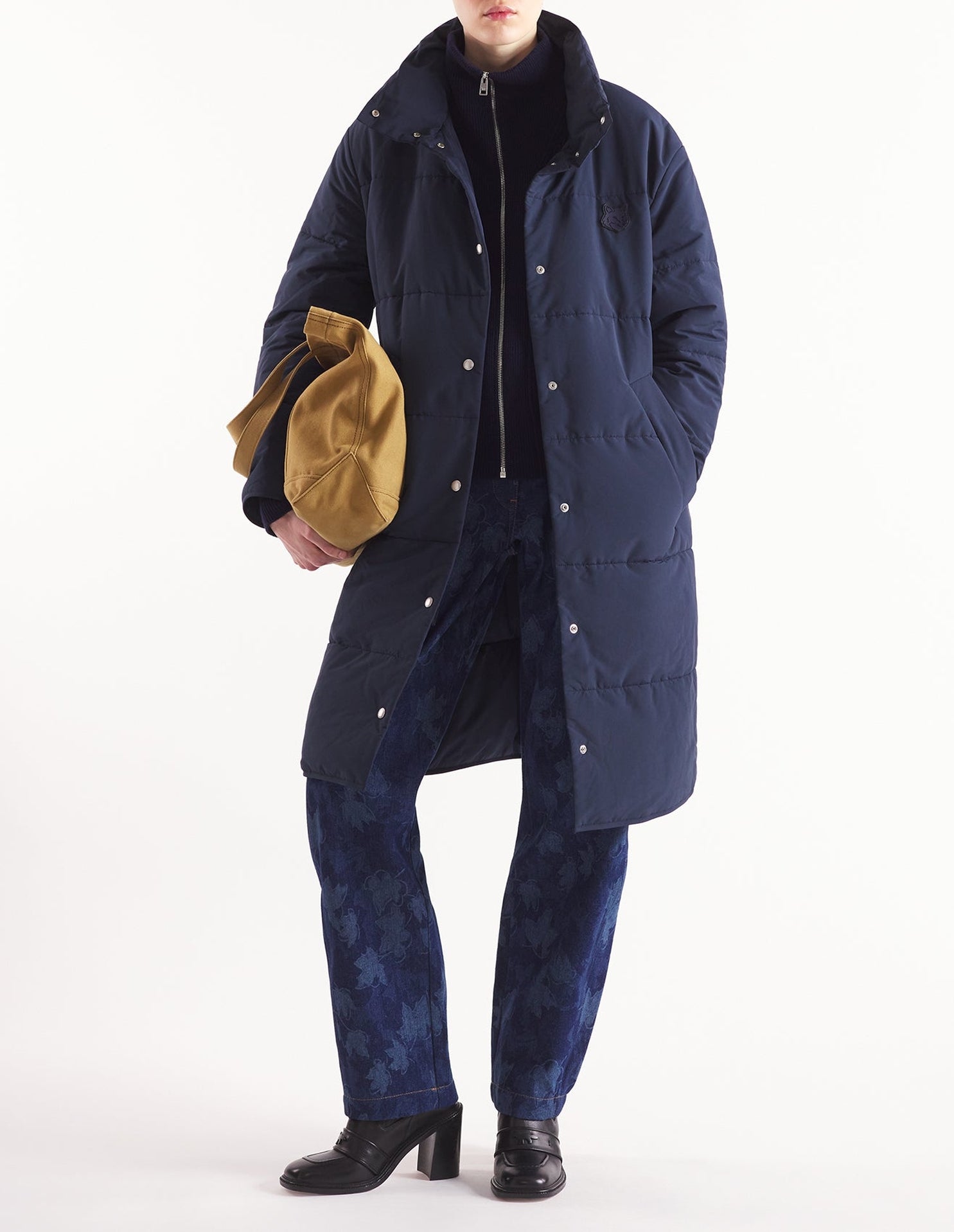 Quilted coat with stand-up collar and badge - Navy