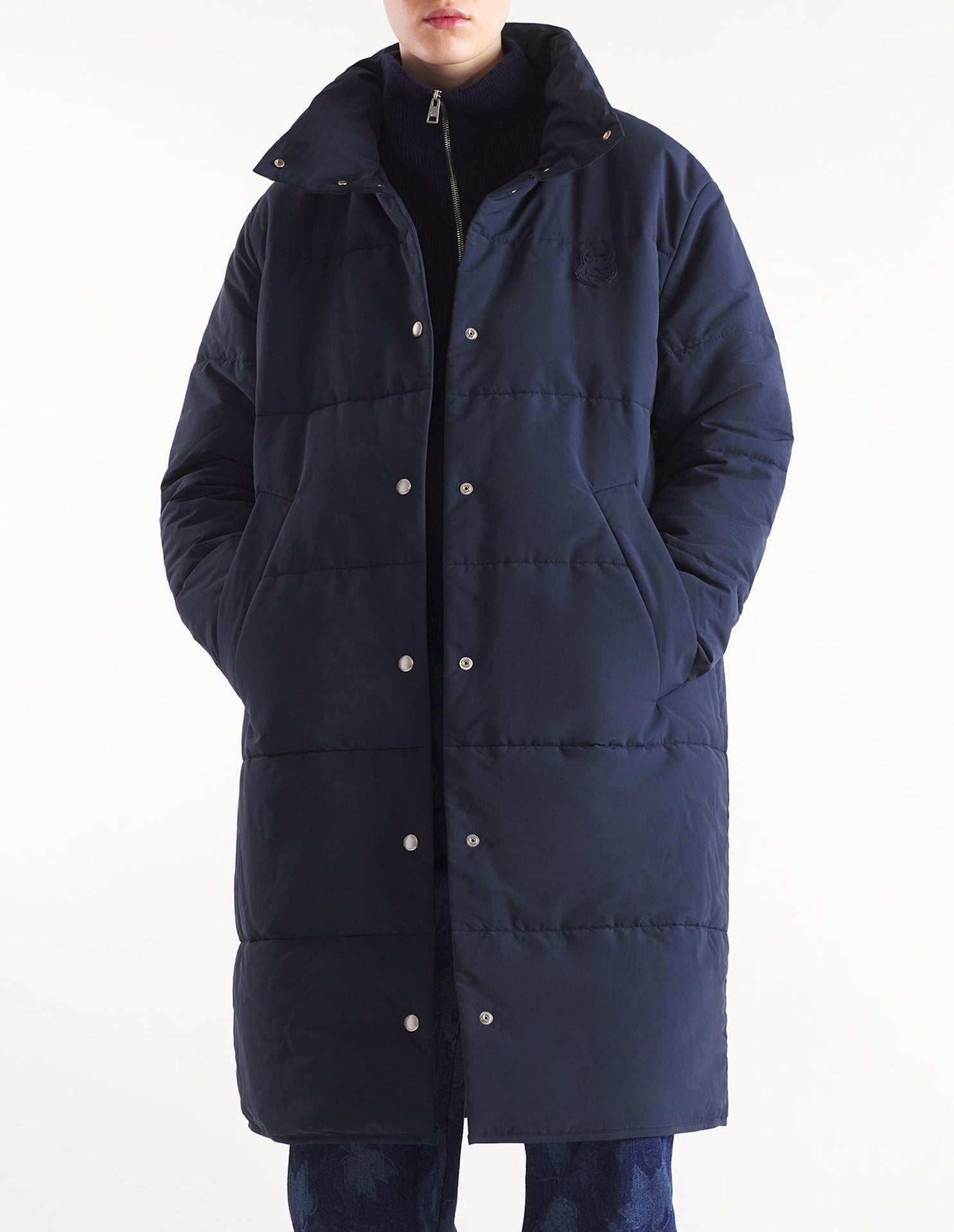 Quilted coat with stand-up collar and badge - Navy