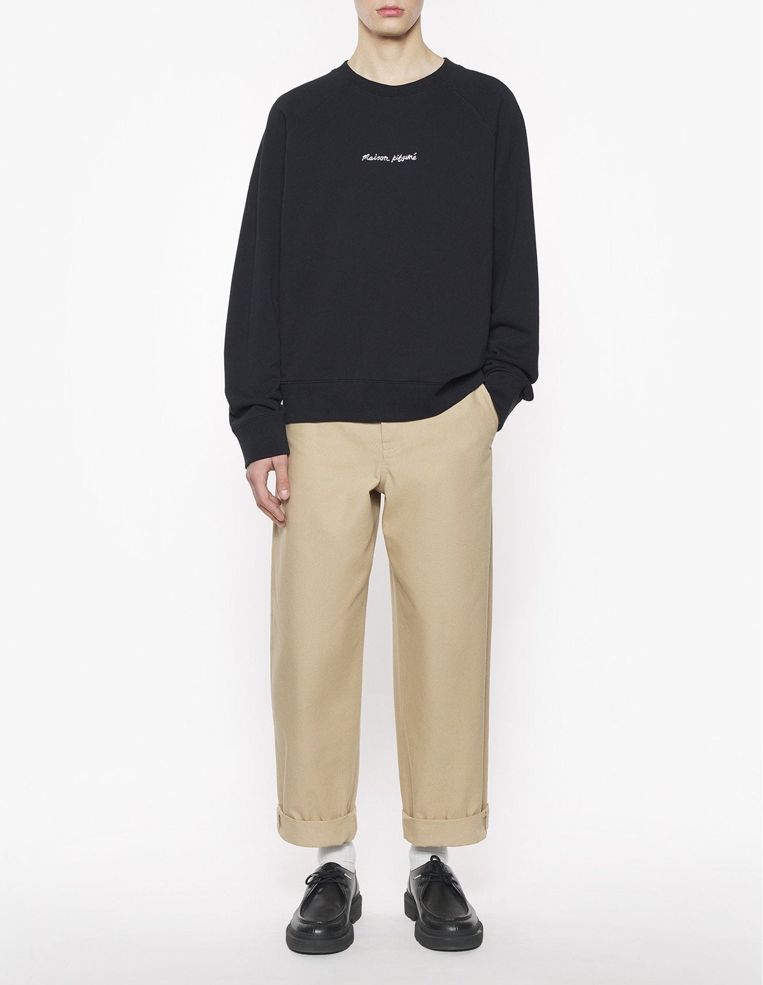 Oversized round-neck sweatshirt with embroidered signature - Black