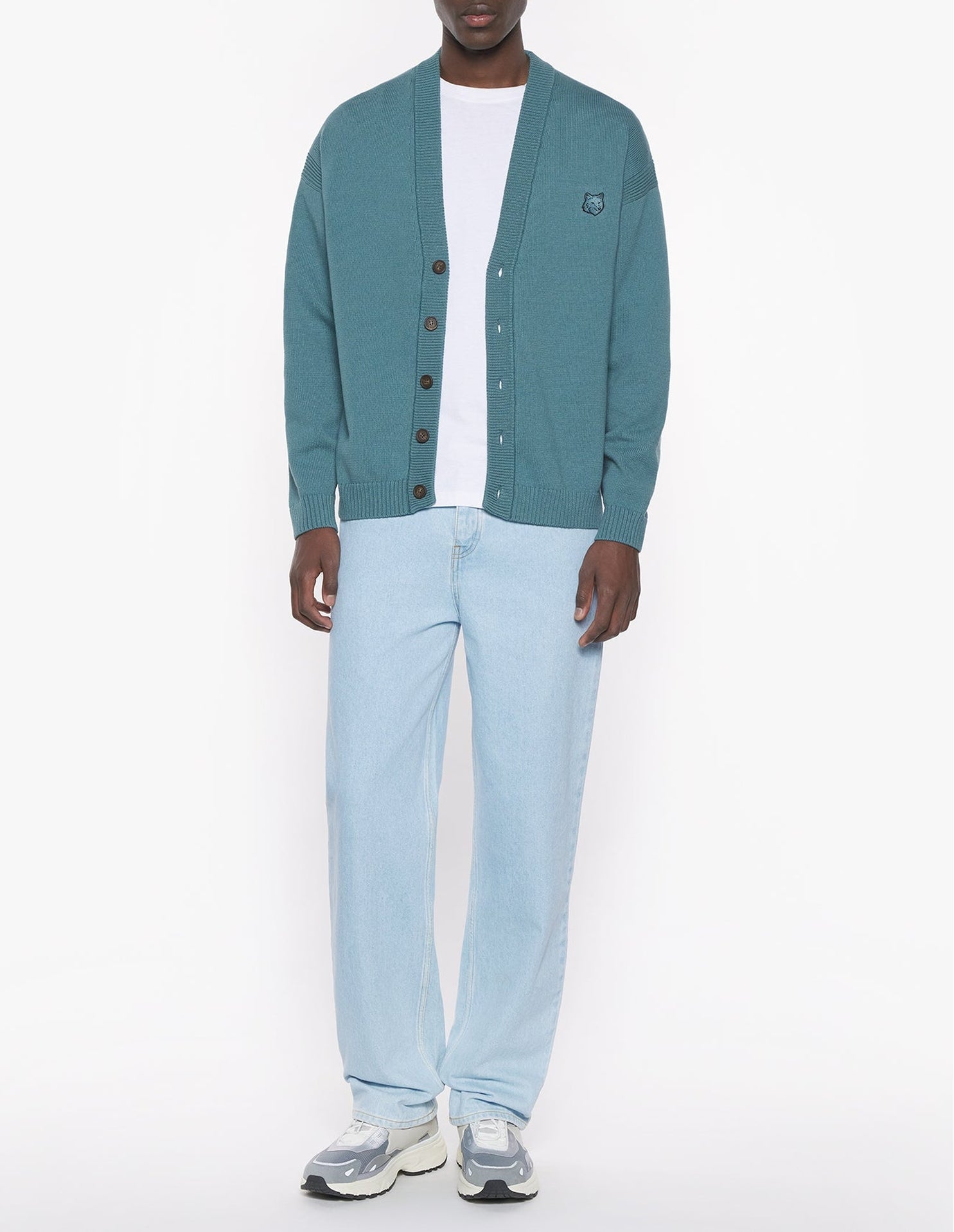 Comfort Patch Bold Fox Head Cardigan - Soft Teal