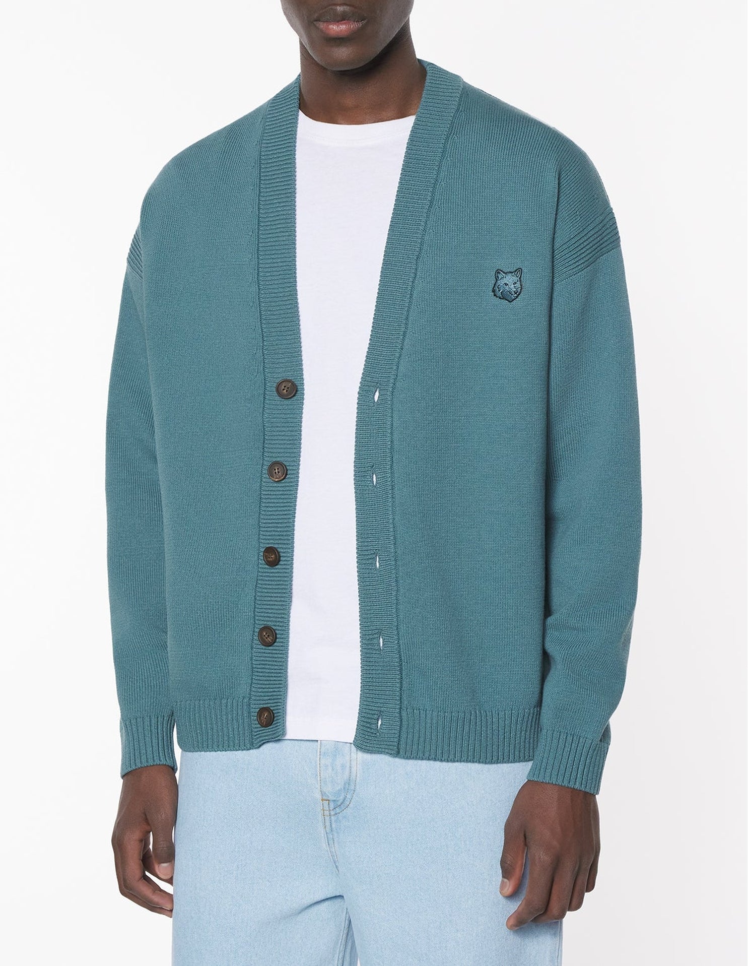 Comfort Patch Bold Fox Head Cardigan - Soft Teal