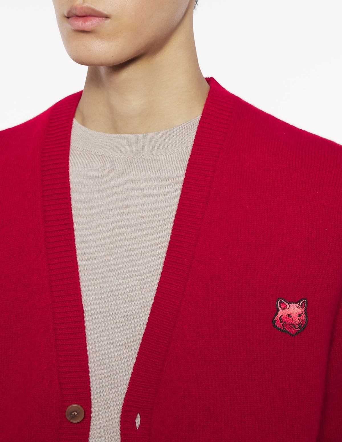 Cardigan Bold Fox Head en laine - Ruby Red