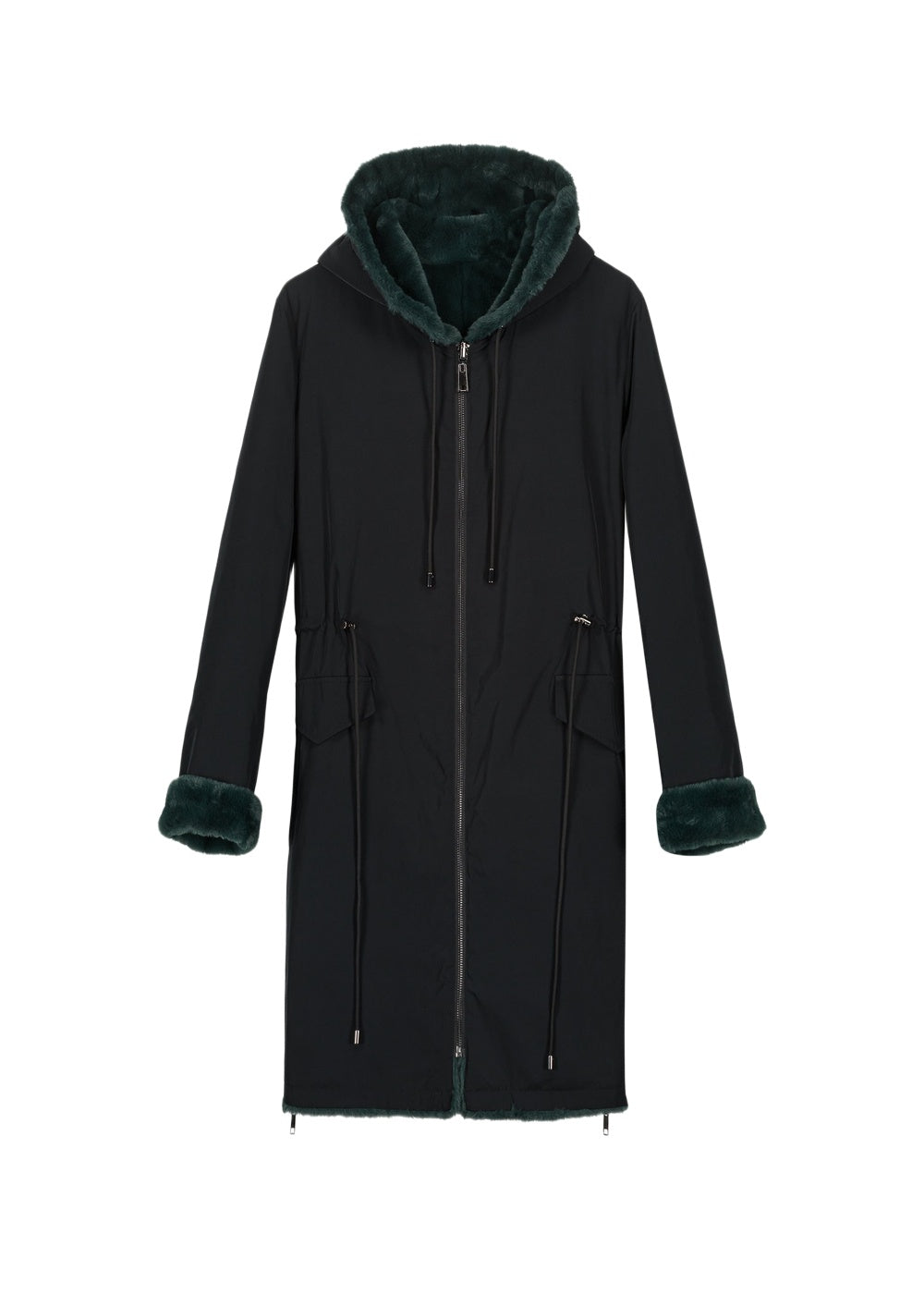 Manteau long doublé de fausse fourrure - Noir