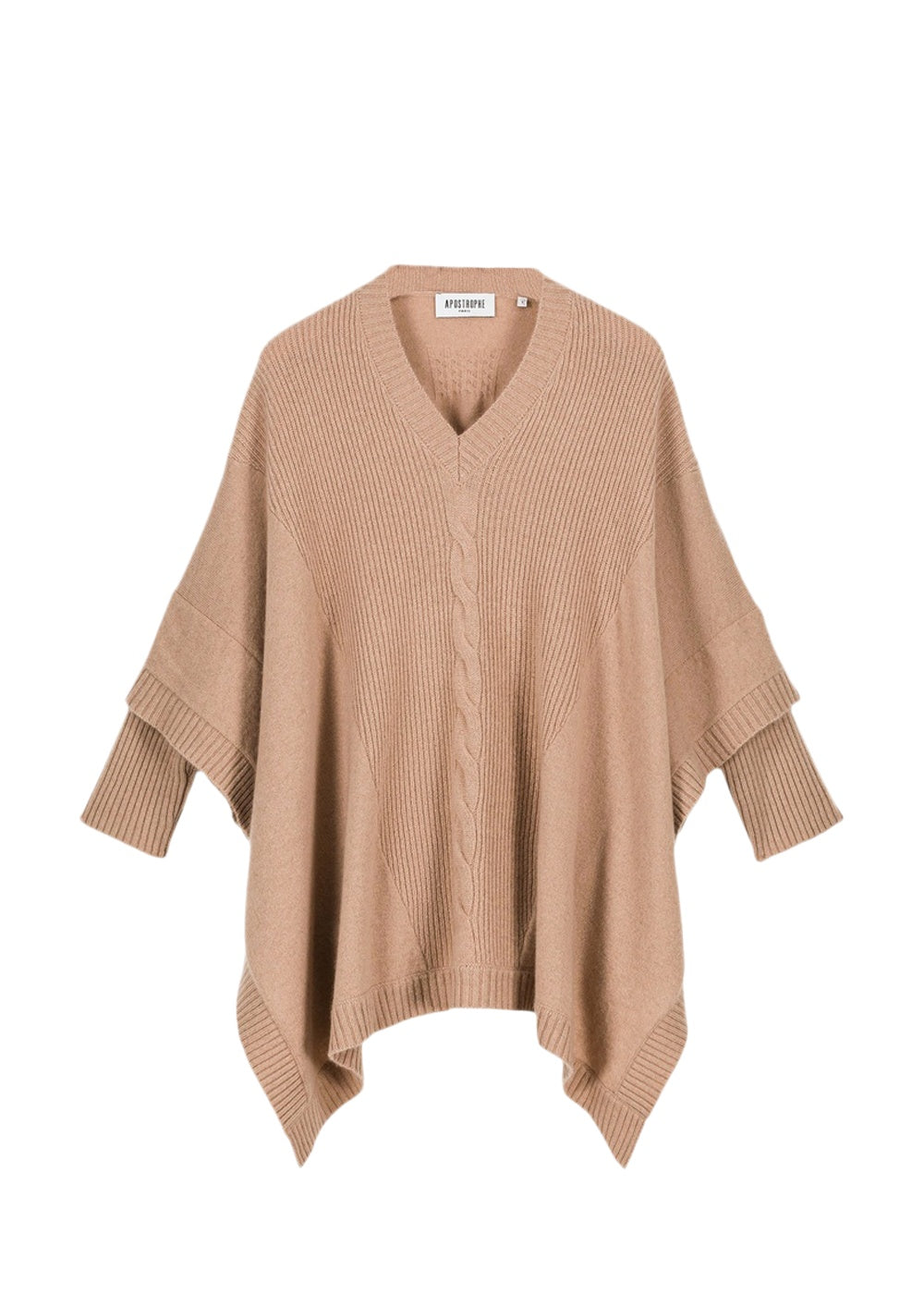 Pull poncho col V en cachemire - Camel