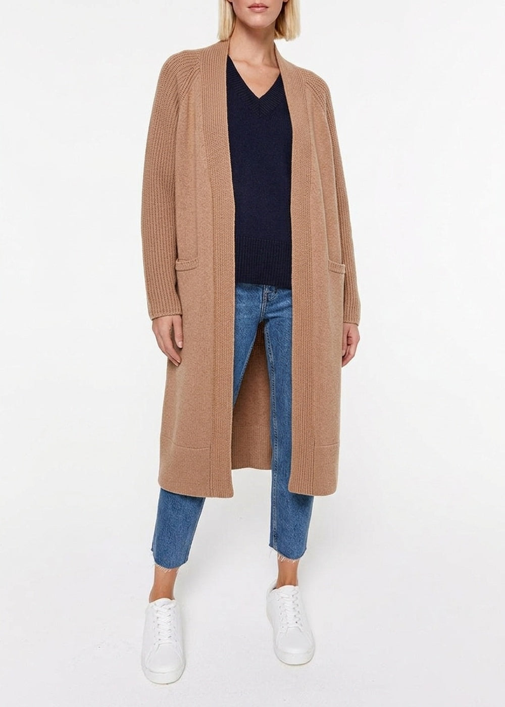 Long wool and cashmere jacket with pockets - Camel