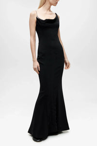 BLACK // burgundy crepe gown with metallic detail