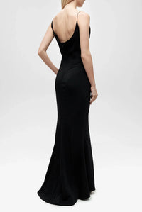 BLACK // burgundy crepe gown with metallic detail