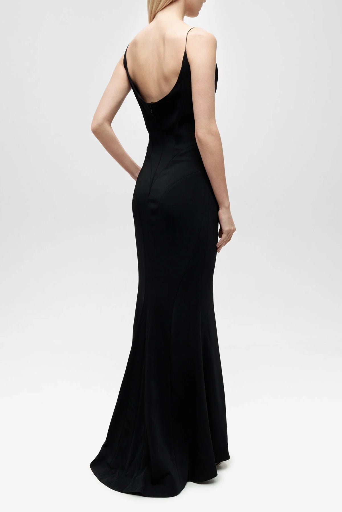 BLACK // burgundy crepe gown with metallic detail