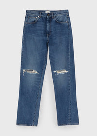 MID WAIST DENIM WITH RIPPED DETAILS