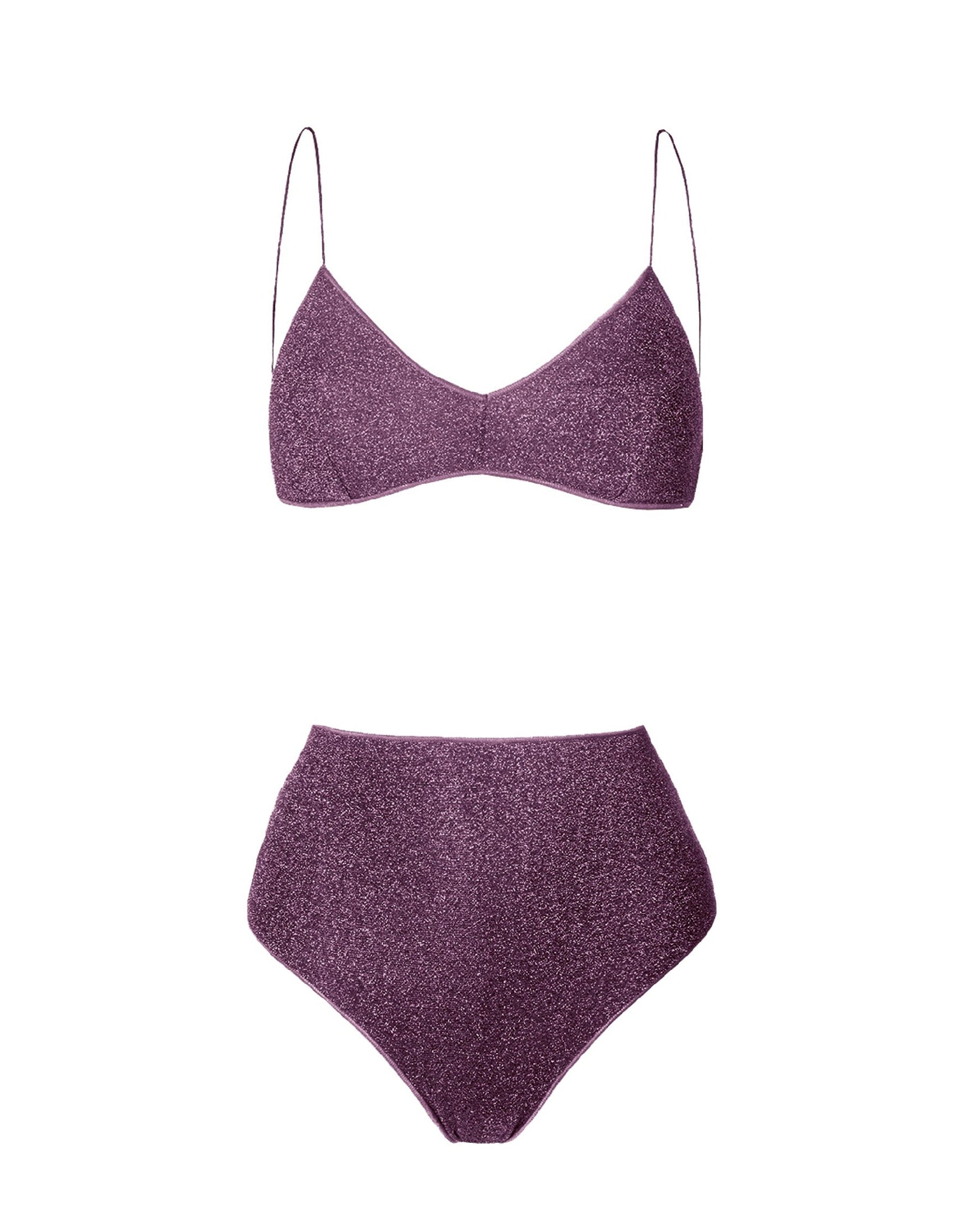 Maillot deux pièces à bretelles fines et paillettes - Aubergine