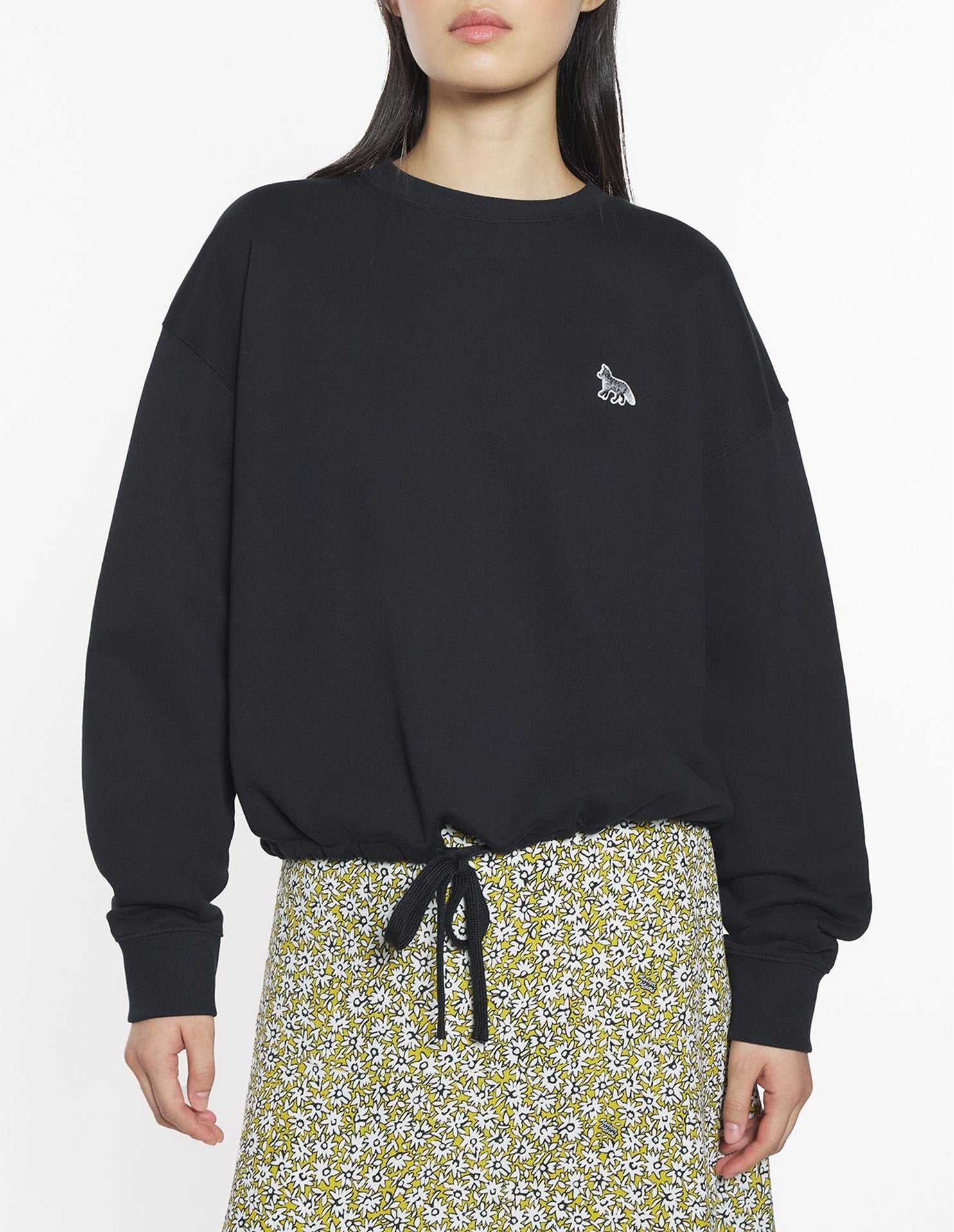 Baby Fox Patch Drawstring Sweatshirt - Black