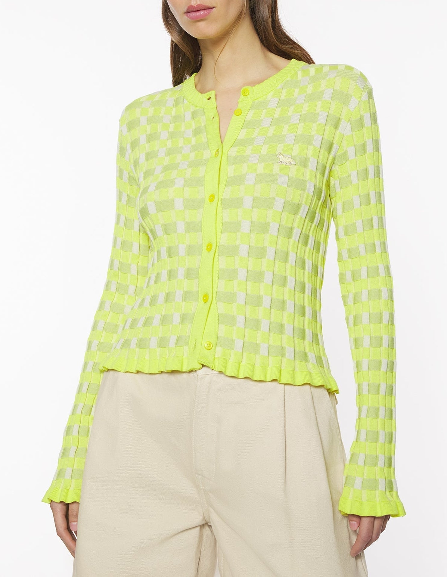 Baby Fox Ribbed Check Cardigan - Chartreuse