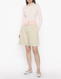 Pleated ribbed cardigan with embroidered Baby Fox patch - Porcelaine Pink