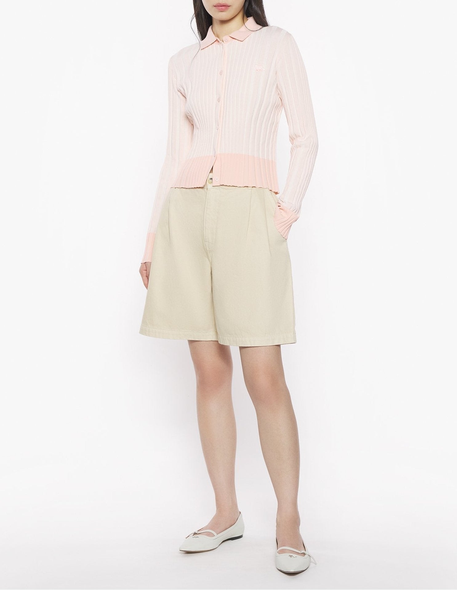 Pleated ribbed cardigan with embroidered Baby Fox patch - Porcelaine Pink