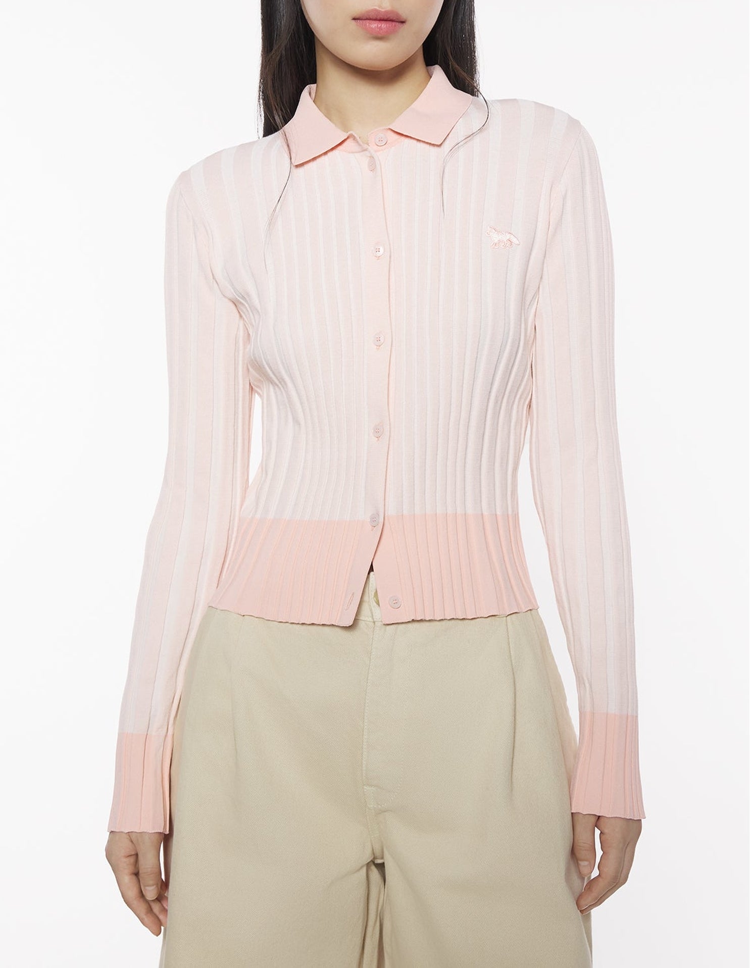 Pleated ribbed cardigan with embroidered Baby Fox patch - Porcelaine Pink
