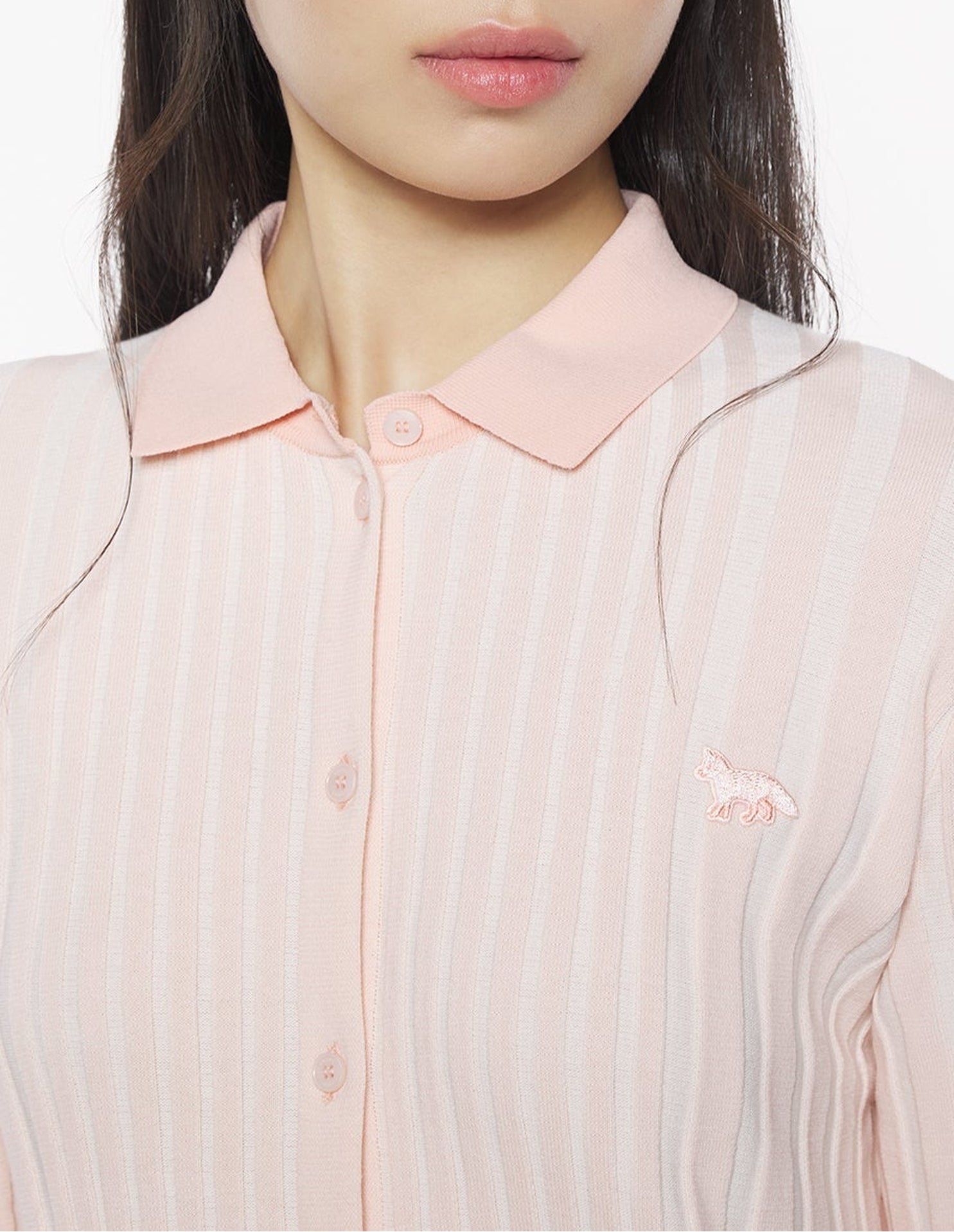 Pleated ribbed cardigan with embroidered Baby Fox patch - Porcelaine Pink
