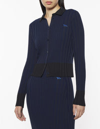 Baby Fox Patch Pleated Ribbed Cardigan - Ink Blue